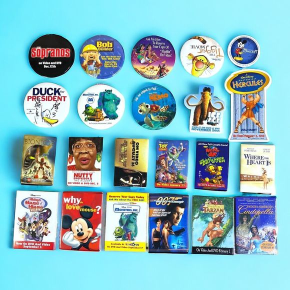 VTG Movie Release Promo Button Pin Lot 22 Mixed 90s Disney Mickey Monsters DVD - Picture 1 of 12